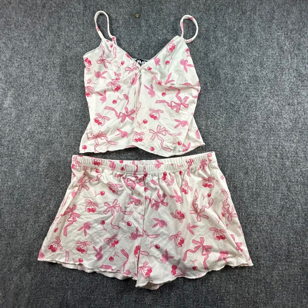 Playboy Pink Bunny Cherry Ribbon Pajama Set Camisole and Shorts White Medium - Picture 1 of 8